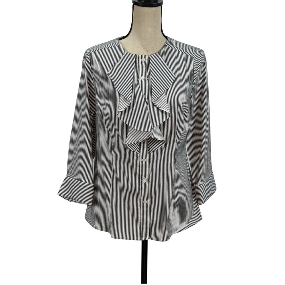 Peter Nygard Striped Ruffle Blouse Women’s Size M Black White 3/4 Sleeve Button